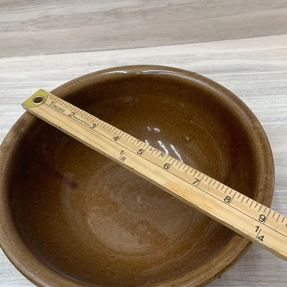 Vintage Monmouth USA Pottery Brown Stoneware Mixing Bowl Geometric Embossed‎